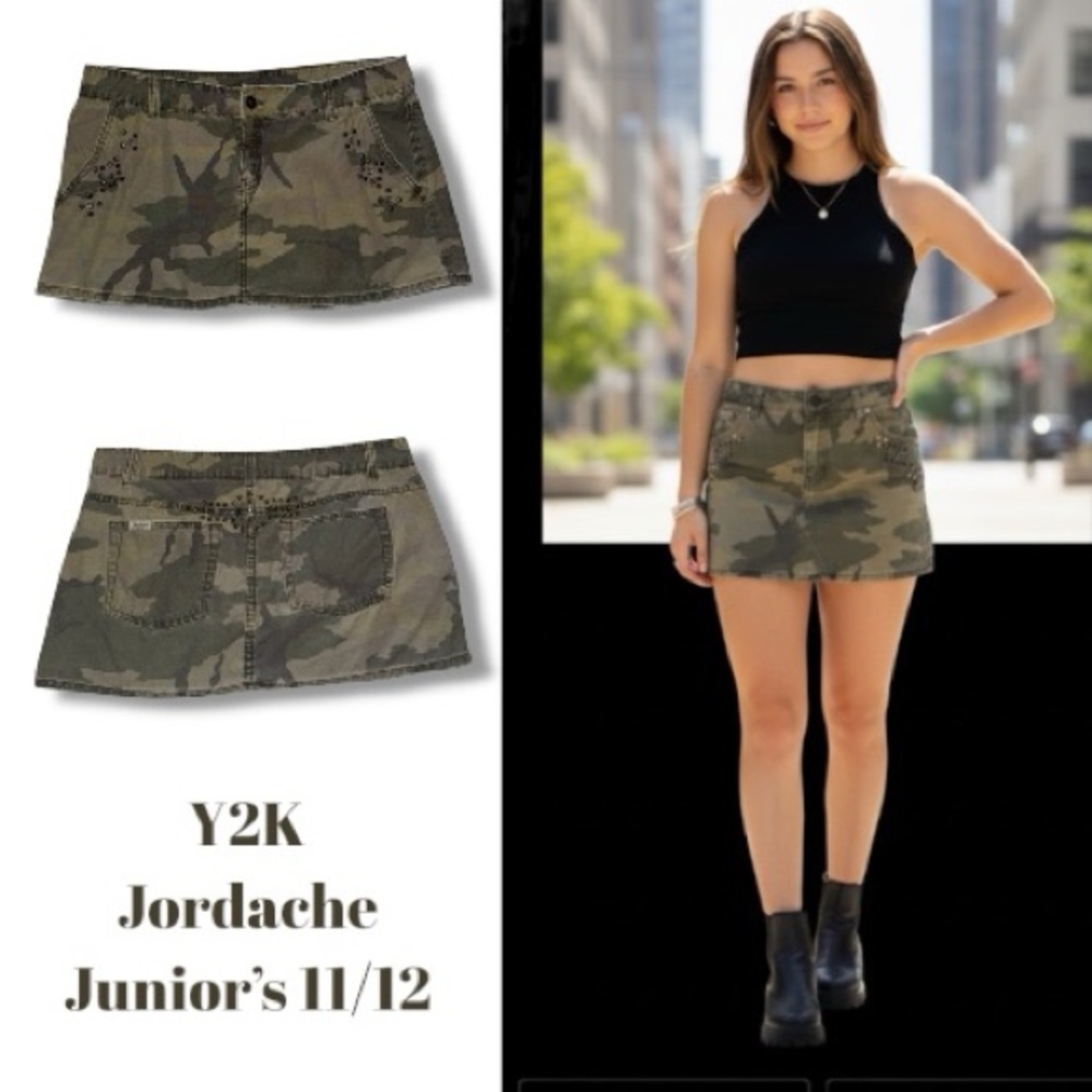 Jordache Y2K Skirt Camo Micro Mini Studded Army Green Low Rise Junior's 11/12
